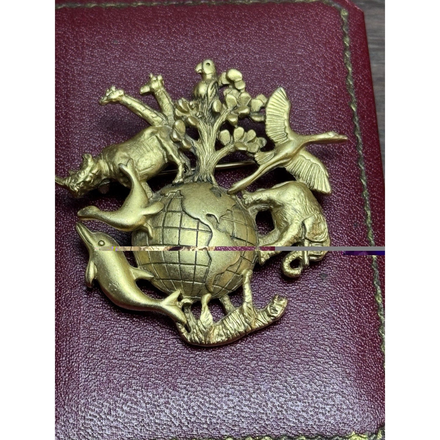 Vintage Brooch AJC Animal Kingdom Globe Goldtone World Wildlife