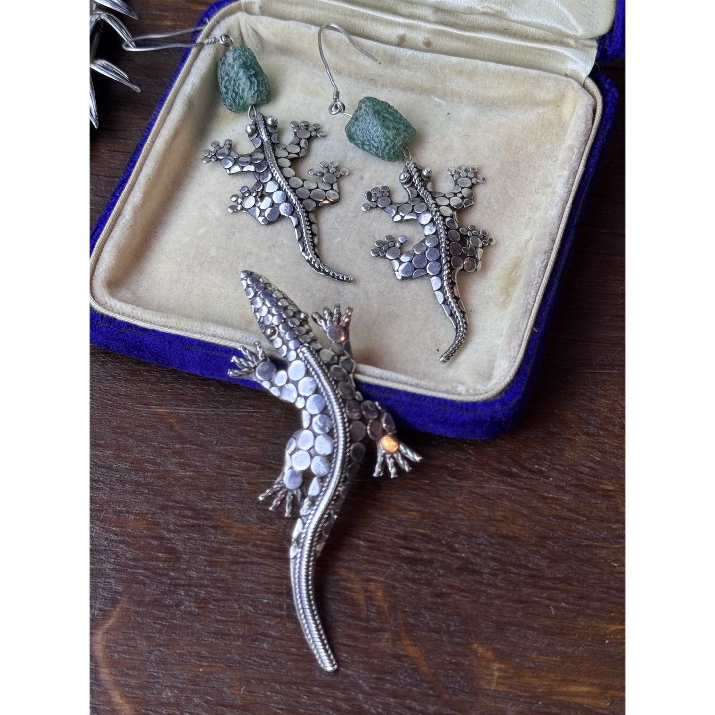 Vintage 925 Sterling Gecko Brooch Earrings Set Green Glass Beads Handmade