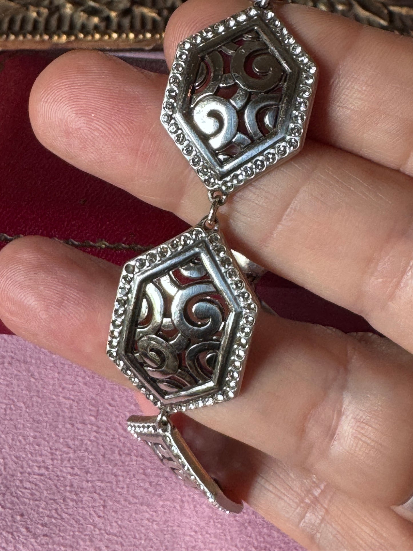 Vintage Brighton Silvertone Bracelet Openwork Panels Crystal Accents 7”-7.75”
