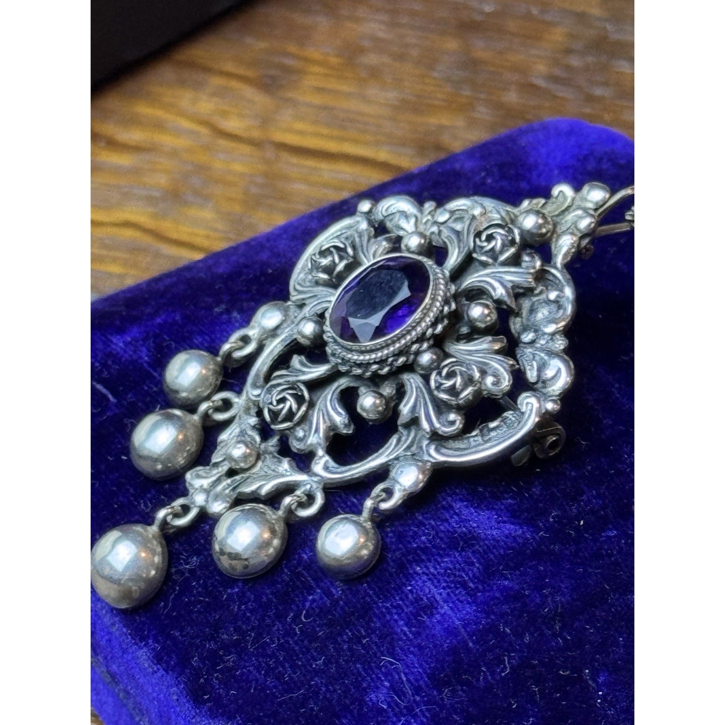 PERUZZI 800 Silver Florence Pendant Brooch Renaissance Revival Purple Stone