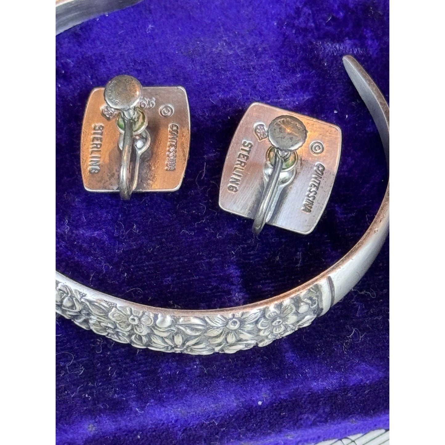 Vintage Sterling Silver Bracelet Earrings Set Contessina 1965 Floral Repoussé
