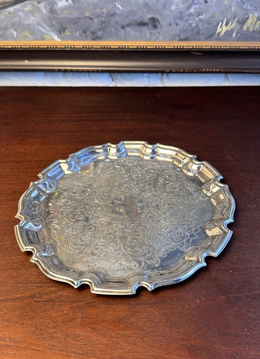 Silverplate Round Tray Towle Ornate Floral Scroll Scalloped Rim