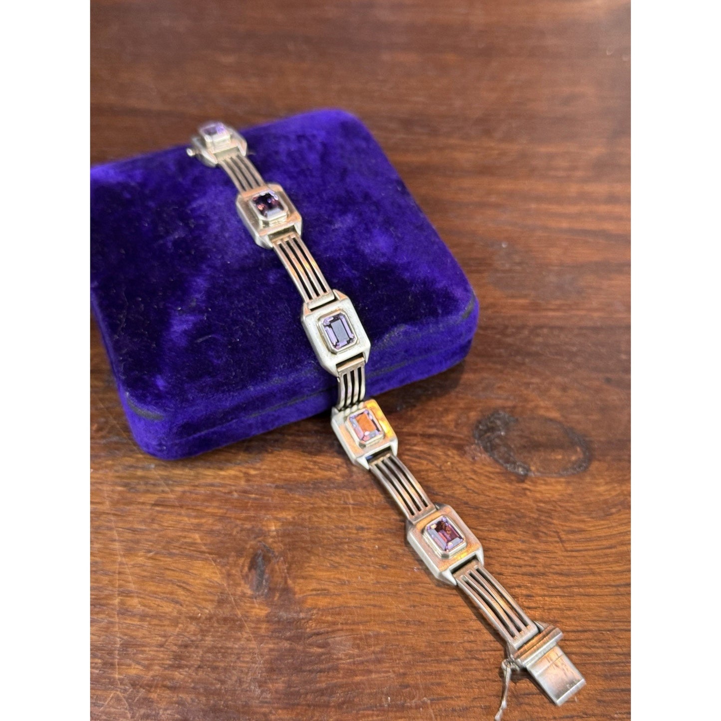 Vintage Sterling Silver Purple Stone Geometric Link Bracelet 6.5” Art Deco Style