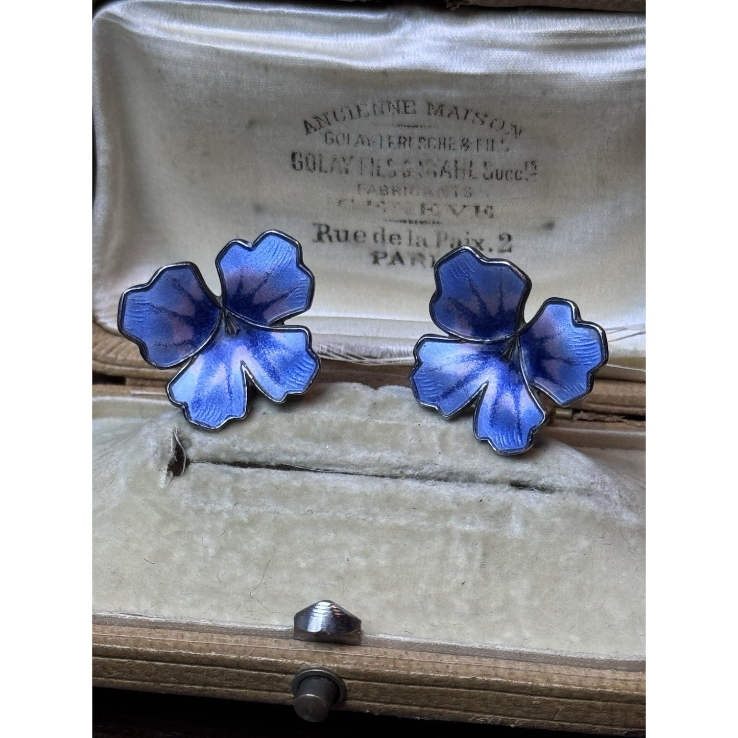 Vintage David Andersen Sterling Silver Blue Lavender Enamel Pansy Clip Earrings