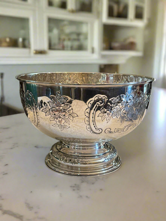 Vintage Sheffield Style Silver Plate Punch Bowl by Folgate – Hand Chased Repousse Floral – Made in England 14”d