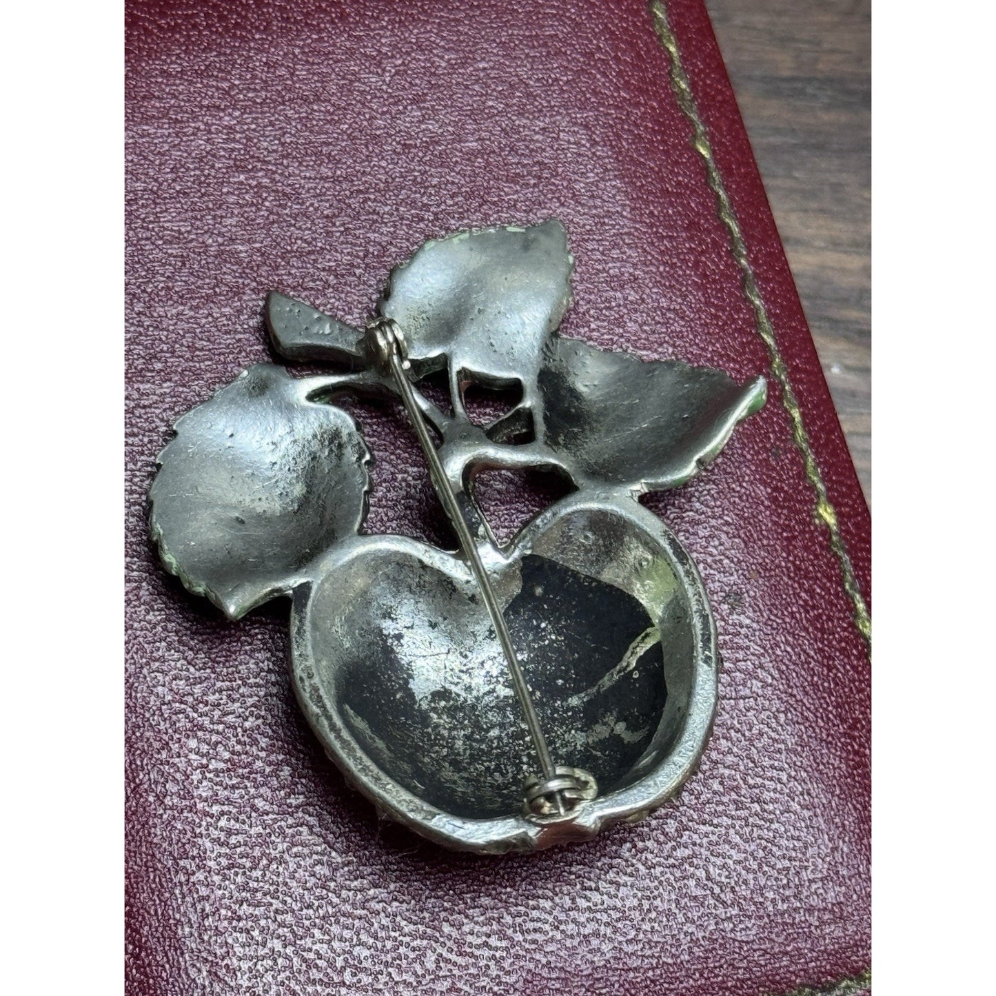 Vintage Rhinestone Apple Brooch Green Enamel Leaves Figural Fruit Pin