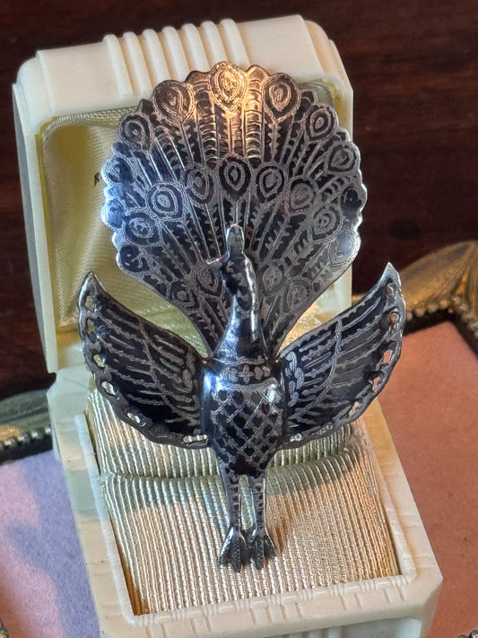 Vintage Siam Sterling Silver Peacock Brooch Articulated Niello Thailand