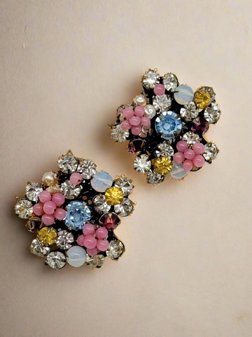 Vintage SIGNED MIRIAM HASKELL Pastel Flower Earrings Beads & Rhinestones