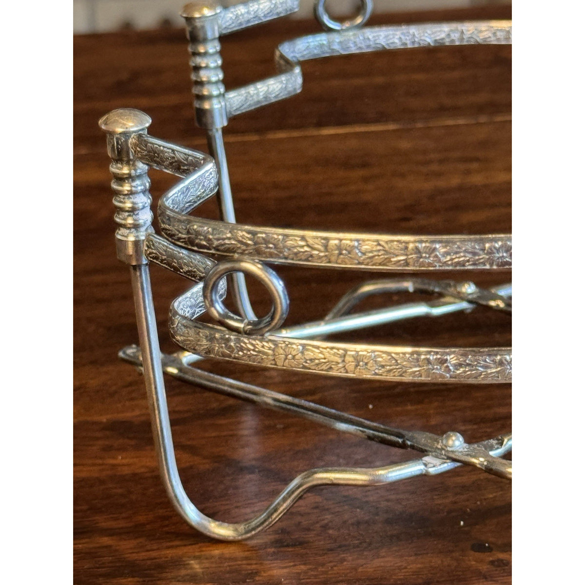 Silverplate Expandable Casserole Trivet Vintage Folding Stand Floral Ornate
