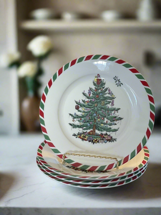 Christmas Tree SPODE  candy cane Salad plates 8” set of 4 MSRP $80