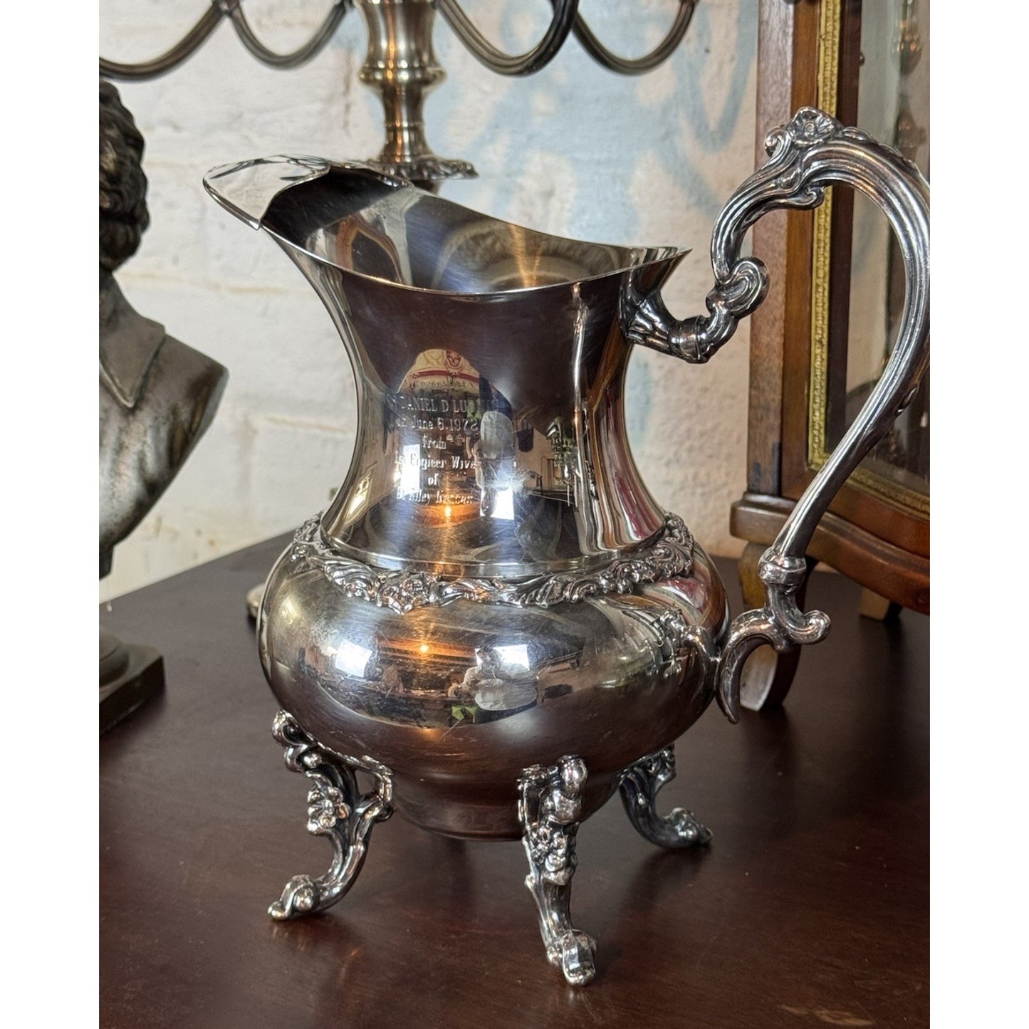 Silverplate Pitcher Footed Ornate Presentation Ewer Engraved 1972 10”h