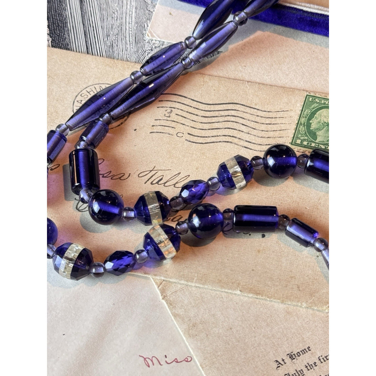 Art Deco Czech Purple Glass Crystal Bead Necklace Restrung 27.5” Vintage