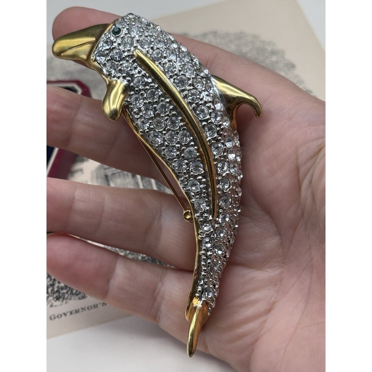 Shoulder Brooch Dolphin Rhinestone Goldtone Pavé Crystal Figural 3.75” VINTAGE
