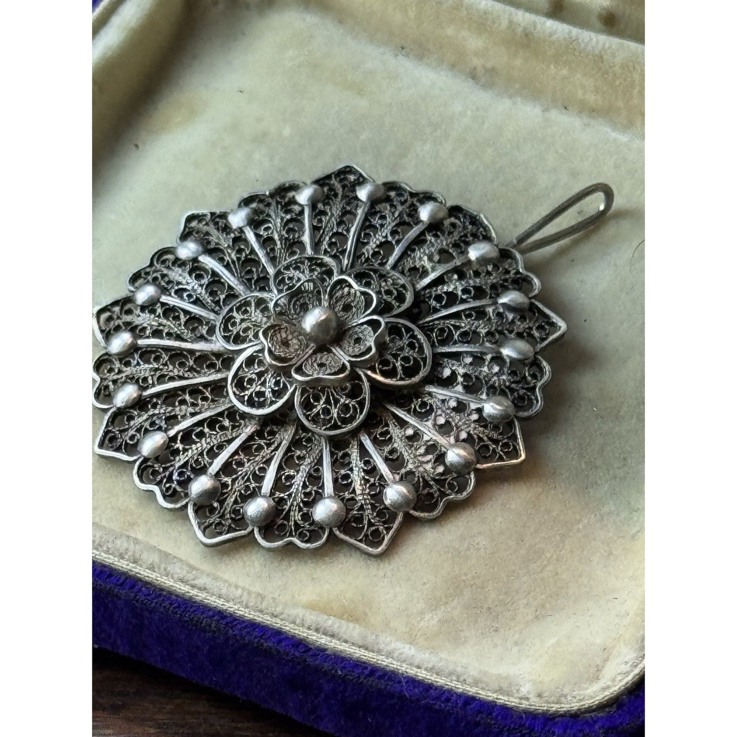 Vintage Silver Filigree Flower Pendant Tested Silver 1.75” Statement Jewelry