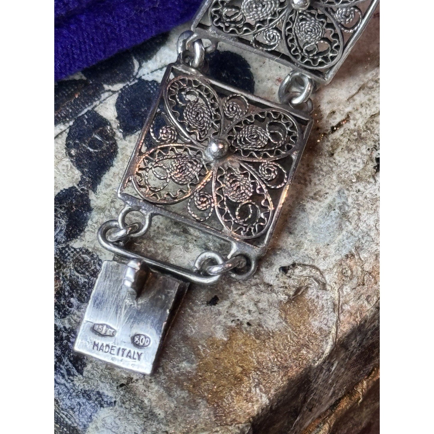 800 Silver Bracelet Filigree 6.75” Floral Link Made Italy VINTAGE