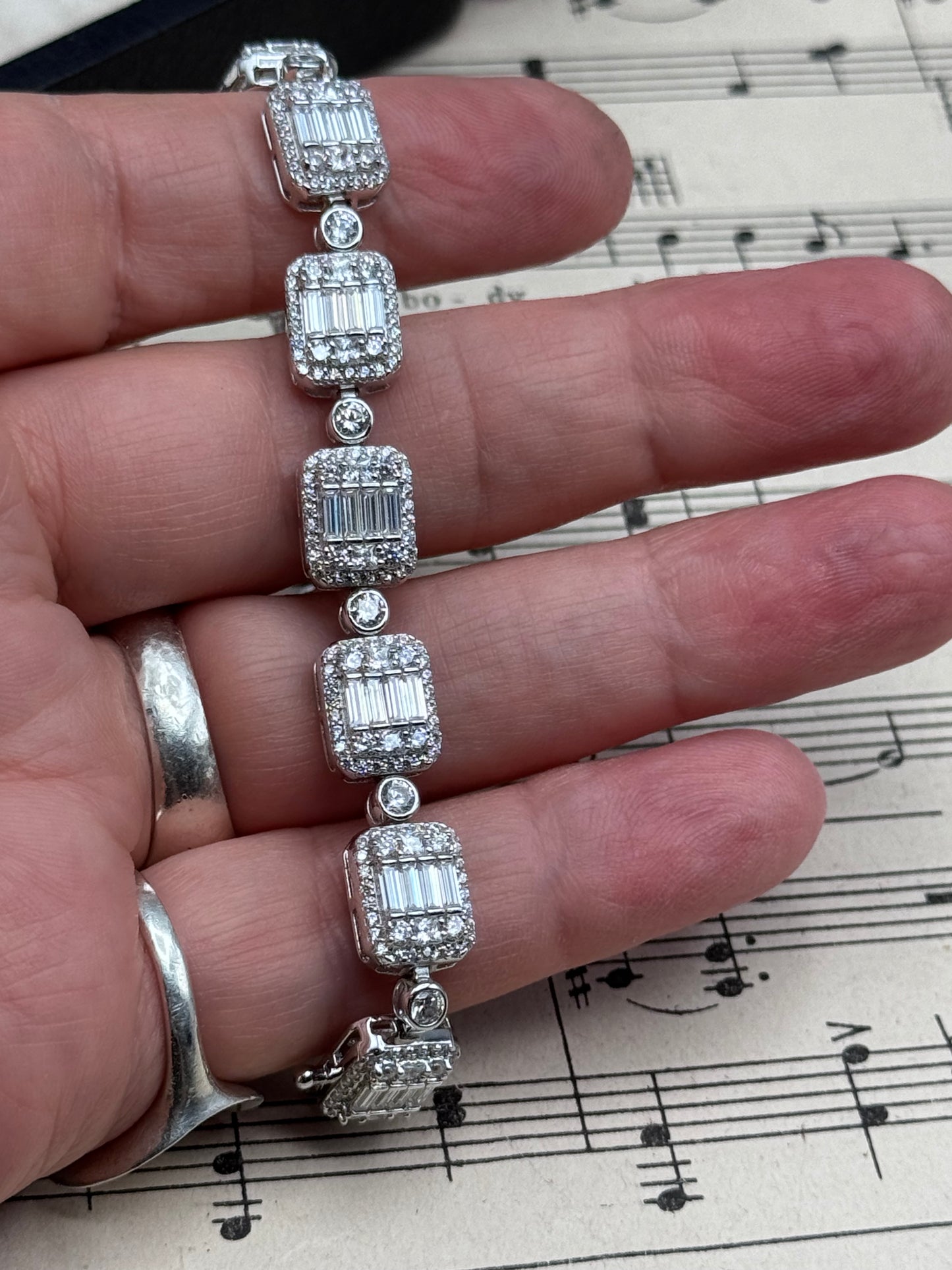 Sterling Clear Stones Tennis Bracelet 7” Baguette Halo Link Bracelet Signed W 925