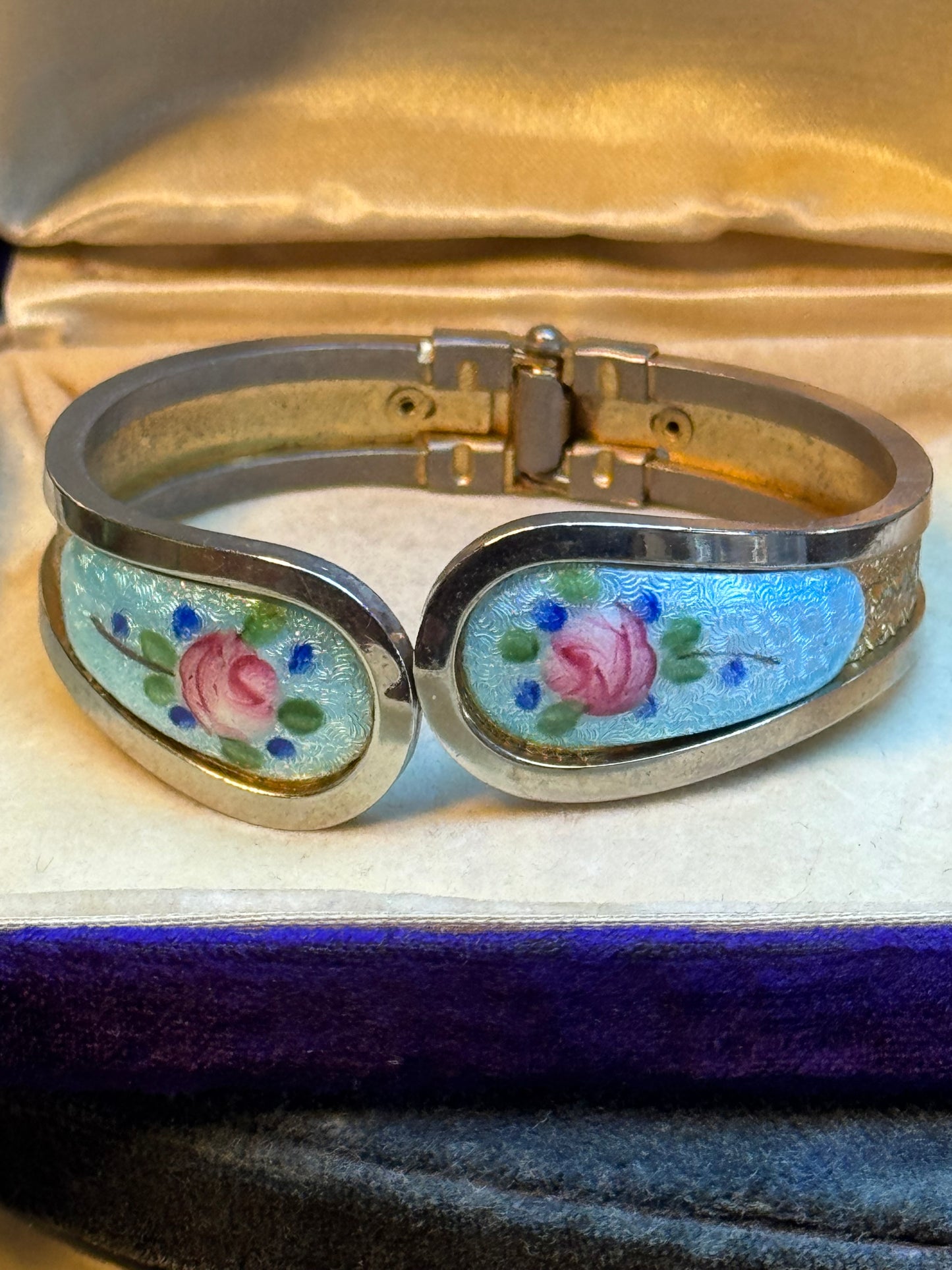 Vintage Guilloché Floral Clamp Bracelet Silver Goldtone Rose Design 6”