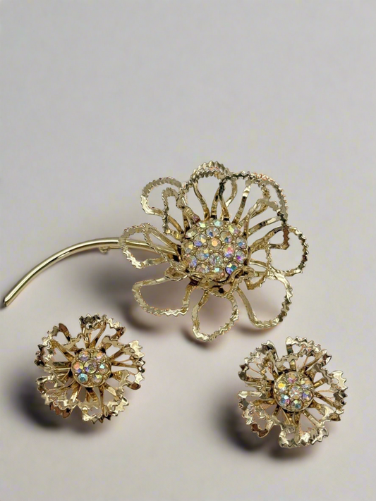 Sarah Coventry Brooch & Earrings Allusion Flower AB Rhinestones Vintage 1968