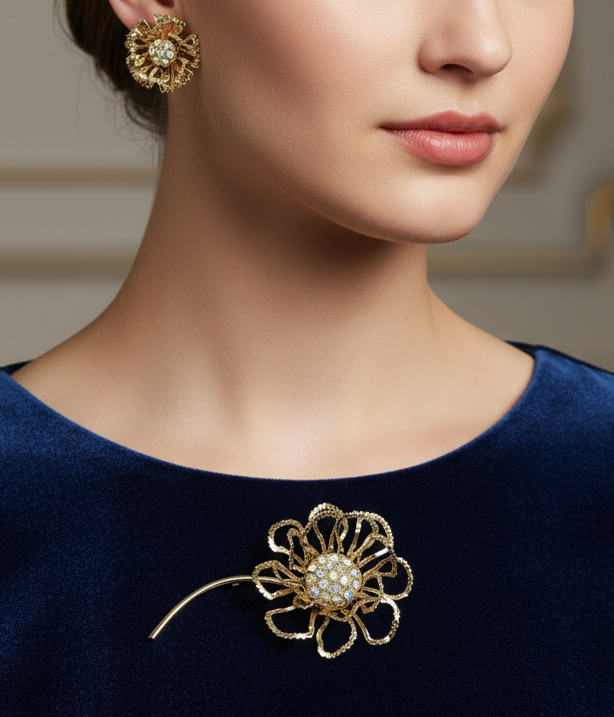 Sarah Coventry Brooch & Earrings Allusion Flower AB Rhinestones Vintage 1968