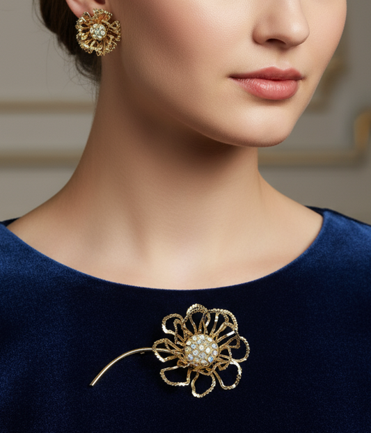 Sarah Coventry Brooch & Earrings Allusion Flower AB Rhinestones Vintage 1968