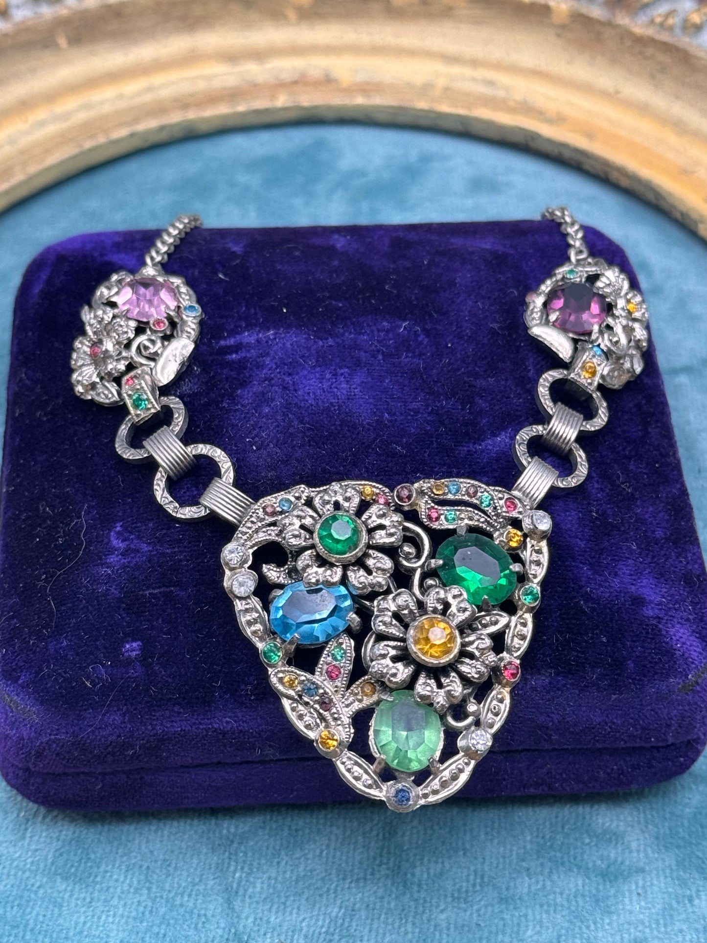 Silvertone Floral Necklace Rhinestone Statement Pendant 18” Vintage