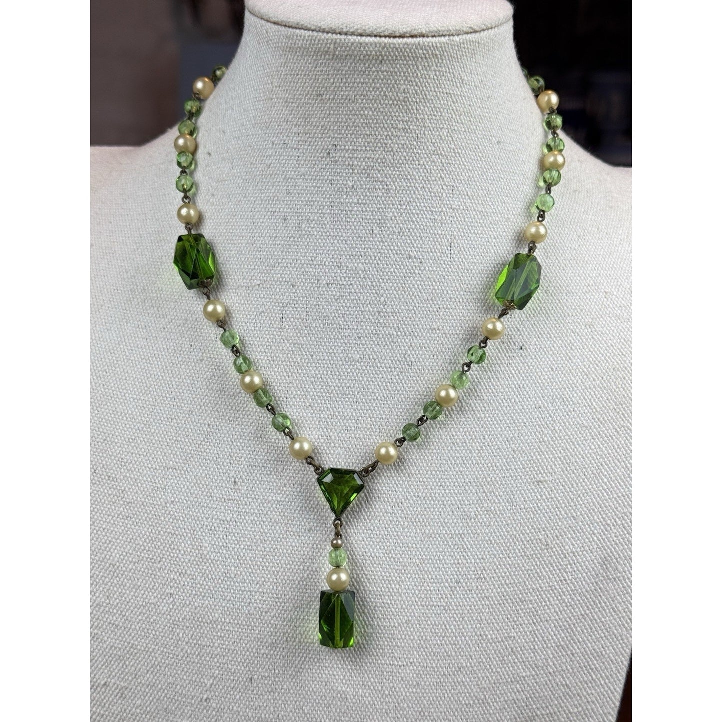 Vintage Czech Style Glass Necklace Green Crystal Faux Pearl Lavalier 17”