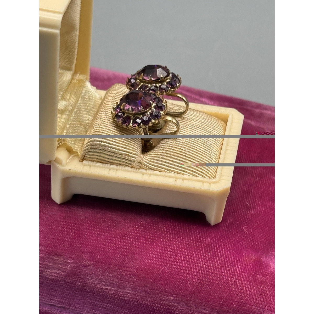 Vintage Earrings Purple Rhinestone Screw Back Goldtone Cluster .75” x .5”