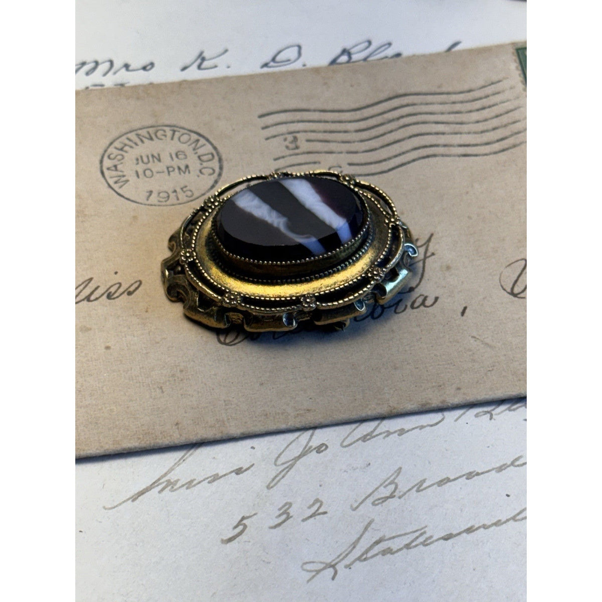 Original by Robert Victorian Revival Black & White Glass Cameo Brooch Pendant