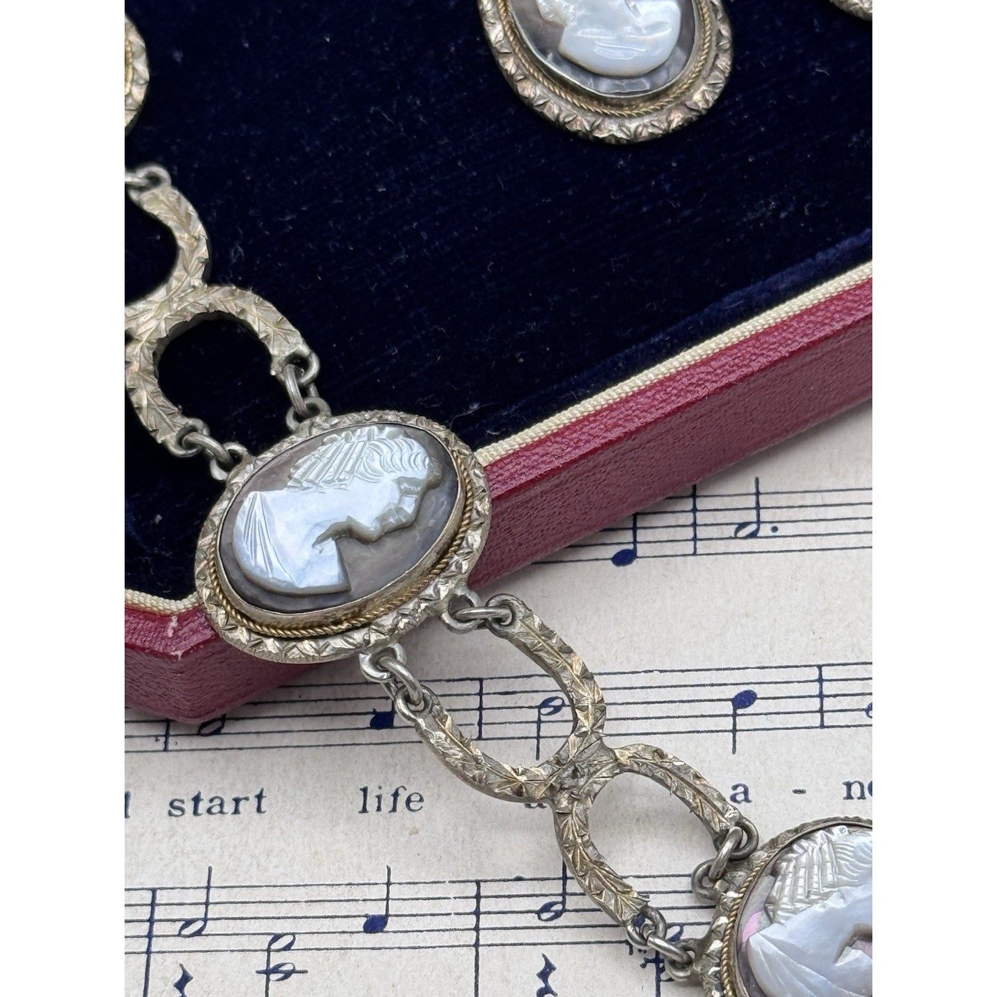 VINTAGE Cameo Parure 800 Silver Abalone MOP Bracelet Earrings Necklace