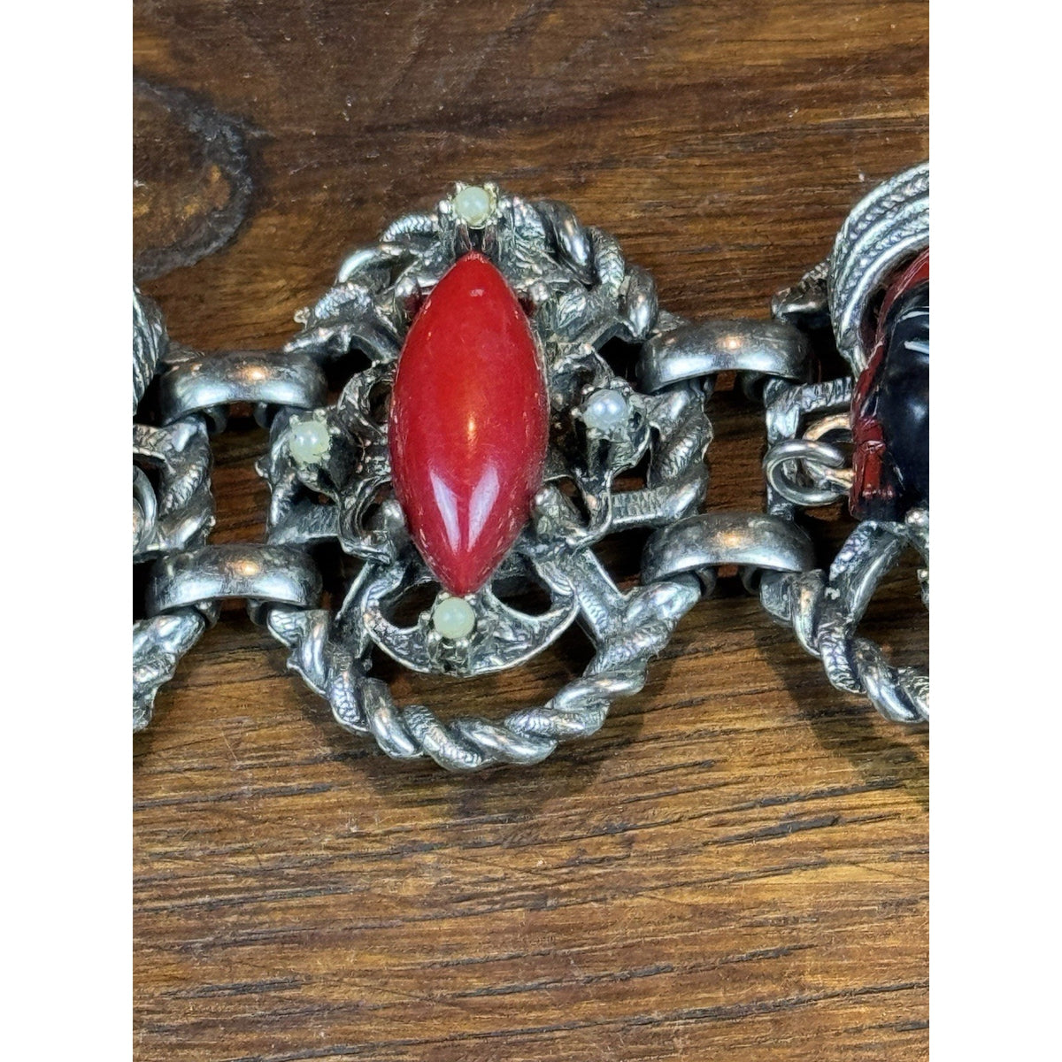 Vintage Selro Selini Bracelet Asian Princess Red Cabochon Faux Pearl 6”