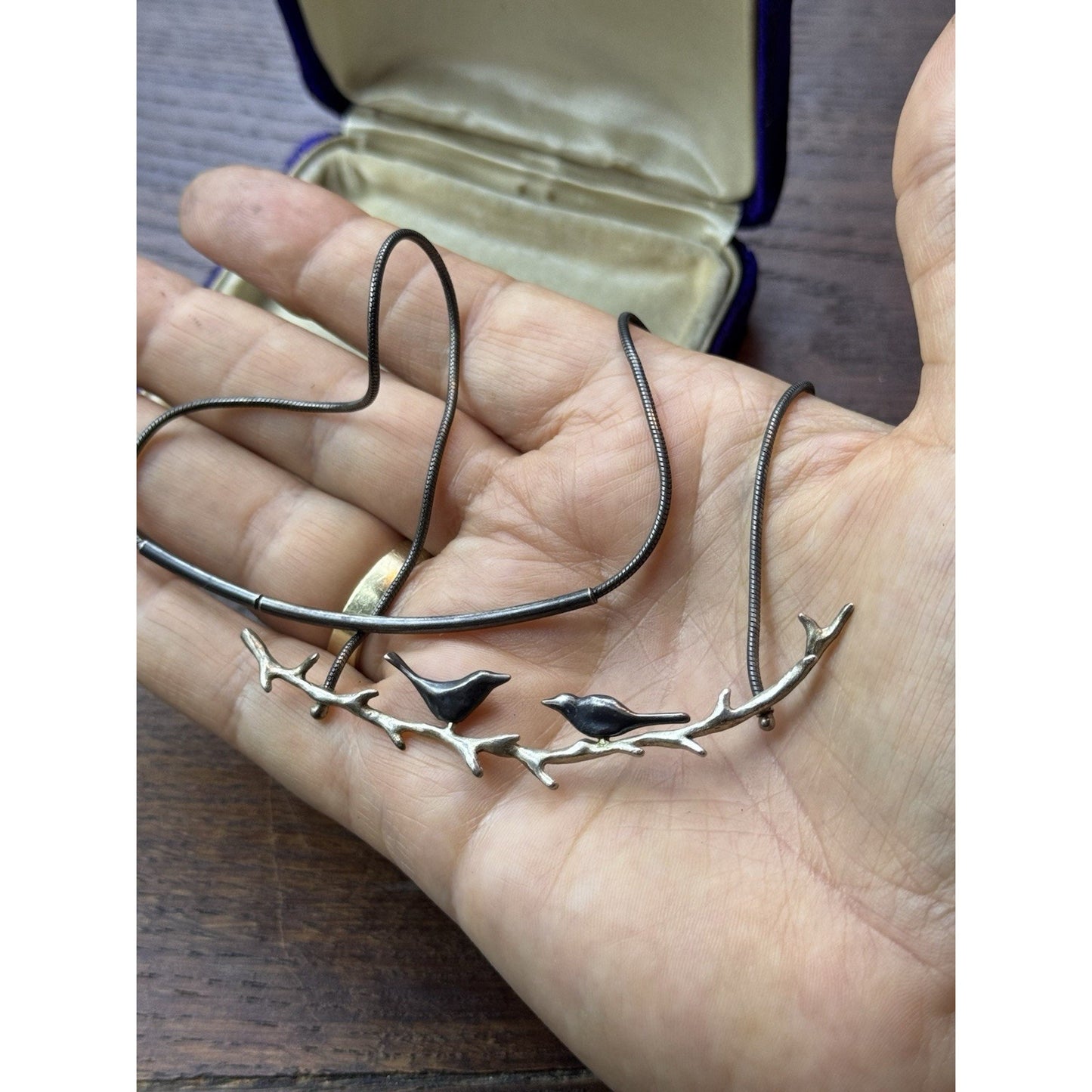 Sterling Bird Necklace 17” Modernist Birds on Branch Pendant 3.25” 925
