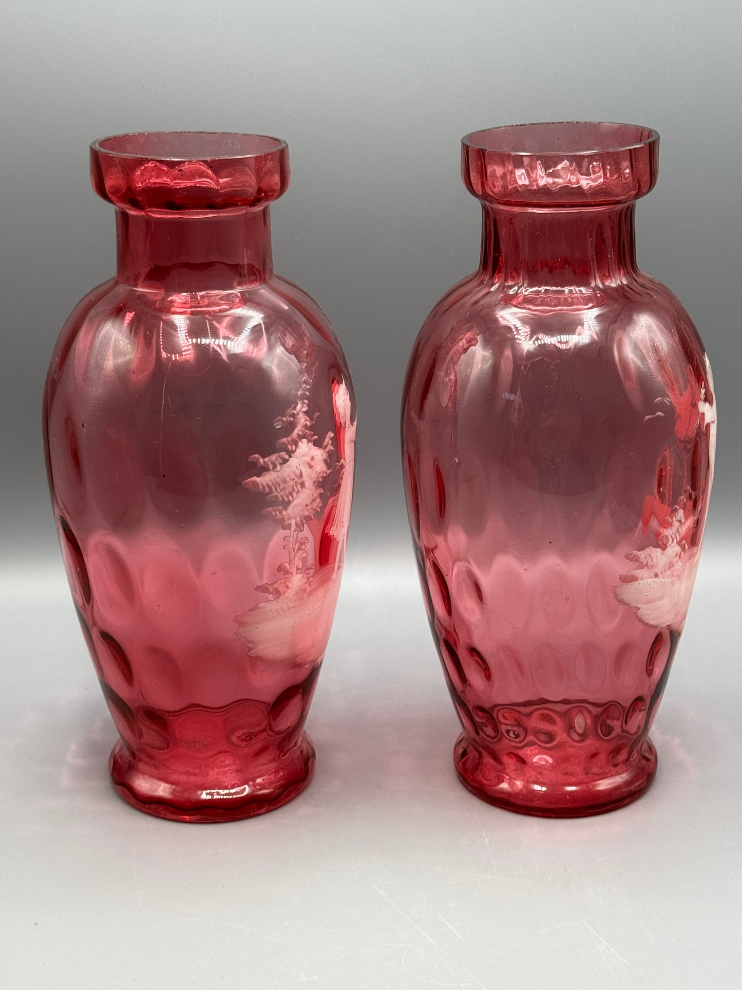 Vintage Pair Mary Gregory Style Cranberry Glass Vases Boy & Girl 10.5”