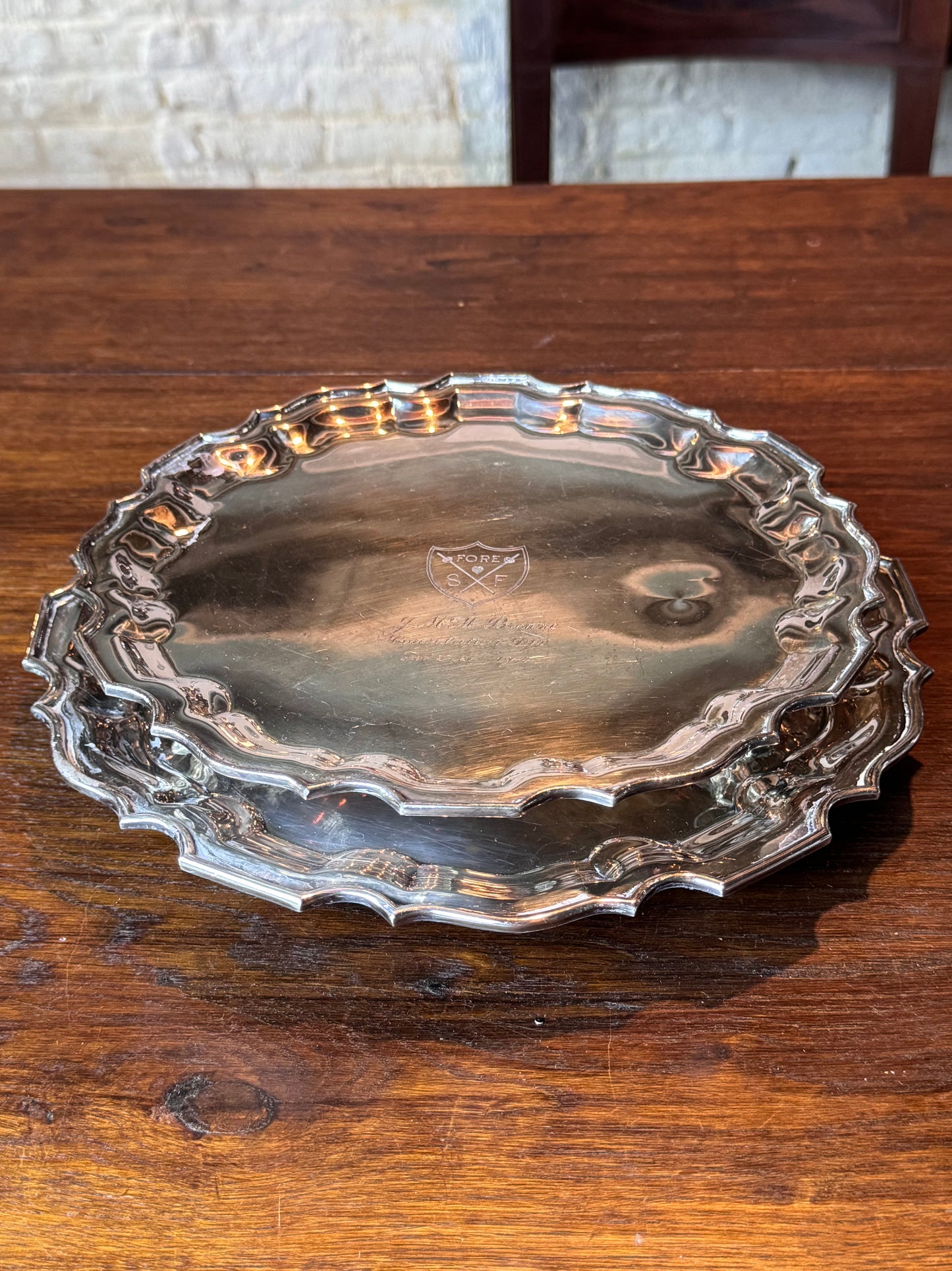 Vintage Silverplate Sport Presentation Salvers Pair 10” & 11.25” Footed 1950s