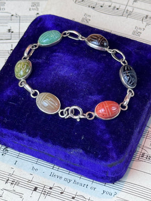 Vintage 925 Sterling Silver Scarab Bracelet Carved Stone 7” Egyptian Revival