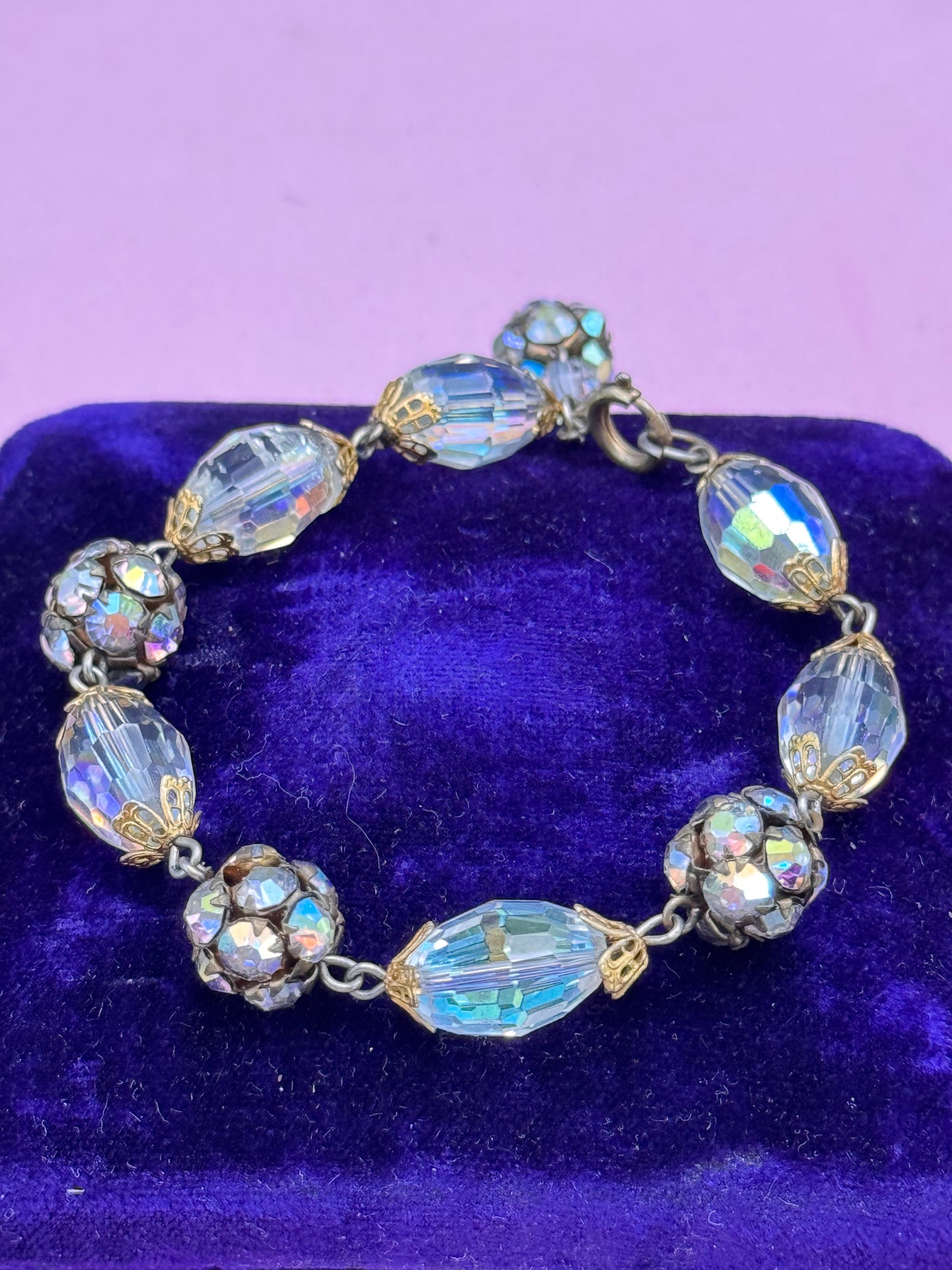 Vintage Crystal Rhinestone Bracelet Aurora Borealis Beads 6.25”