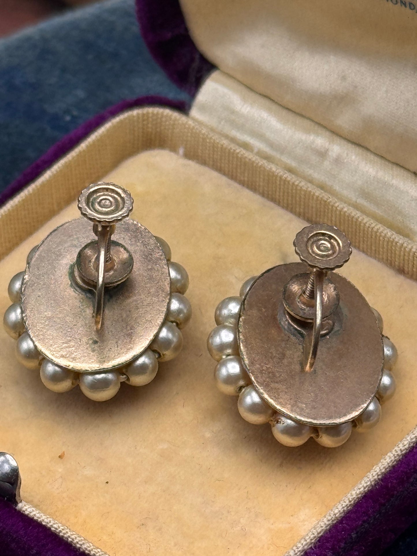 Edwardian Style Shell Cameo Earrings Faux Pearl Halo Screw Back .75”