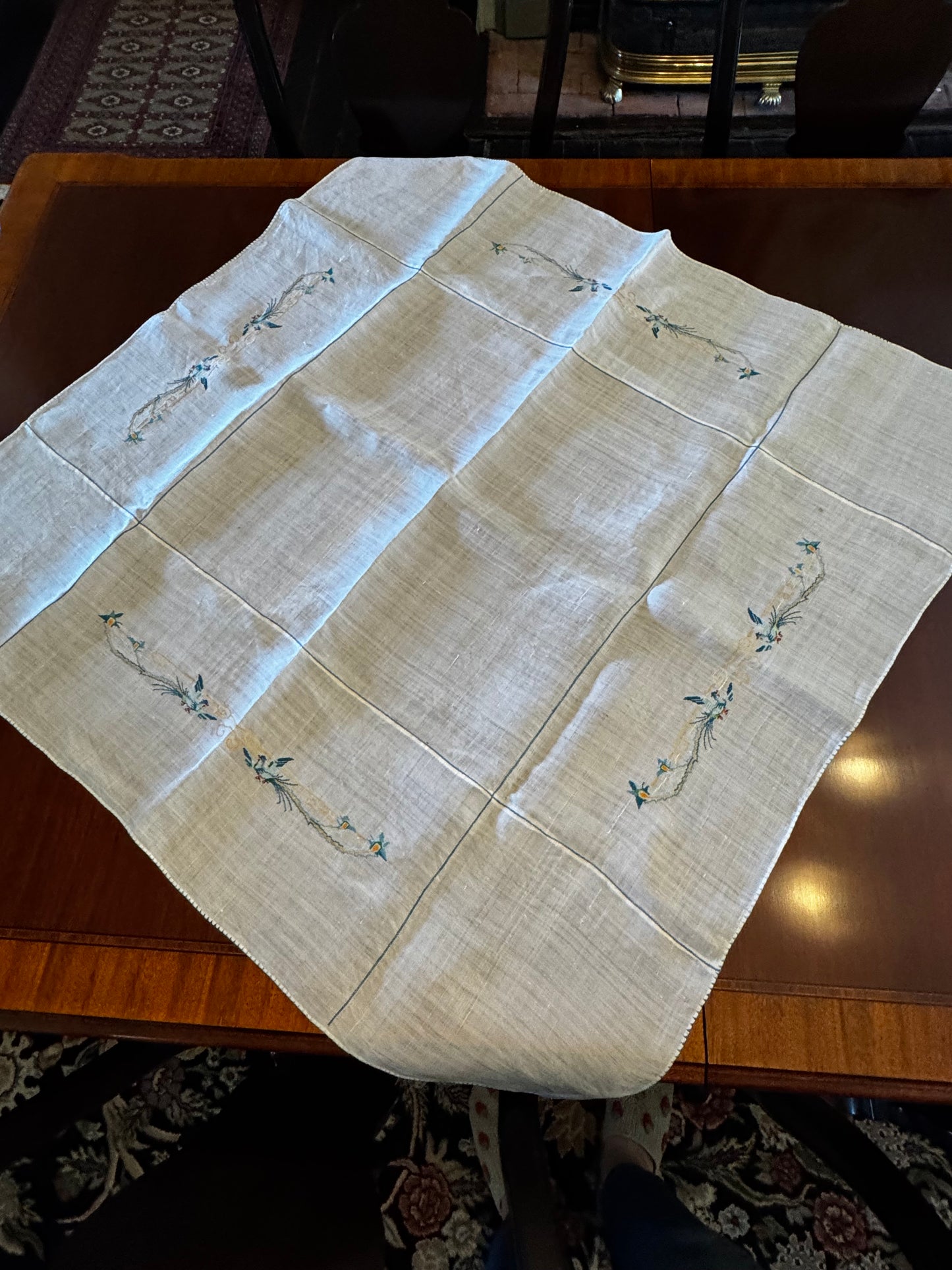 Vintage Linen Table Topper Pair Phoenix Bird Motif Embroidered Chinoiserie Style