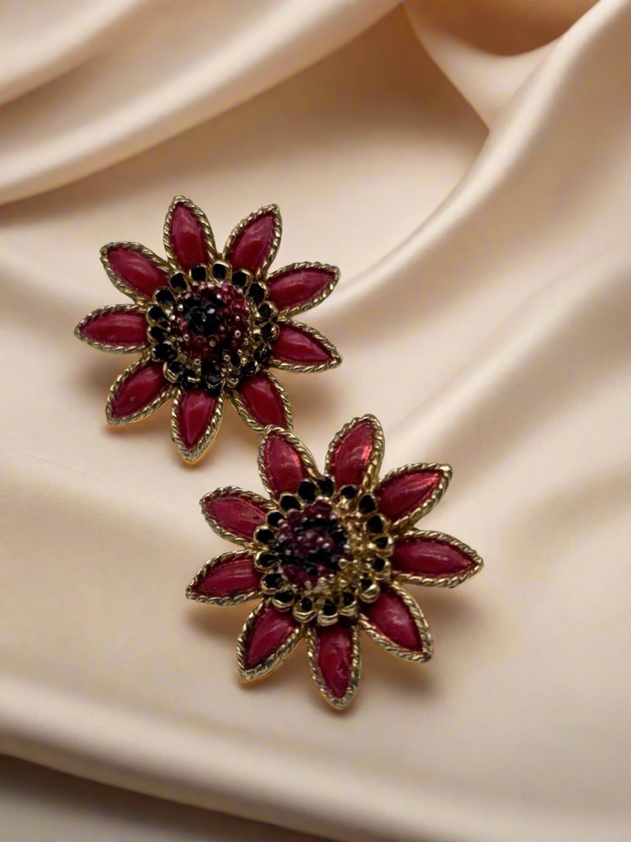 Gold Tone Red Enameled Flower Clip-on Earrings SIGNED CORO