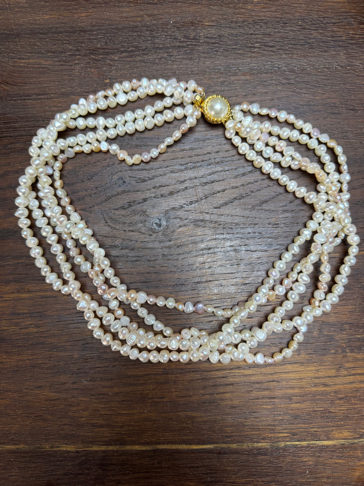 Vintage 5 Strand Freshwater Pearl Necklace Goldtone Clasp 17.5”
