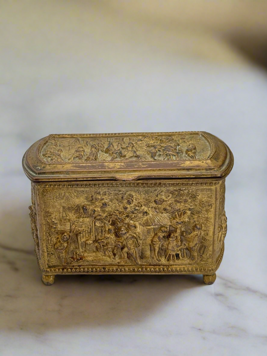 Antique JENNINGS Goldtone Jewelery Casket Dutch Country Scenes #1284