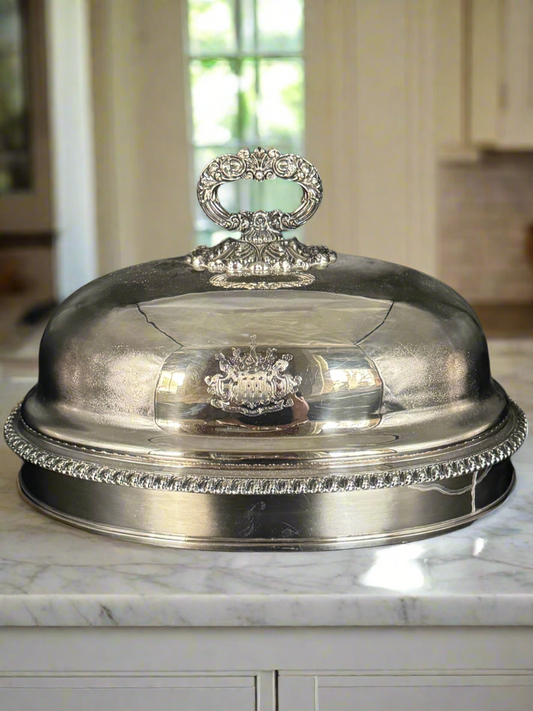 Large Sheffield Plate Georgian Style Meat Dome with Removable Handle Ca 15.75” x 11.75” x 12” SUBSTANTIAL