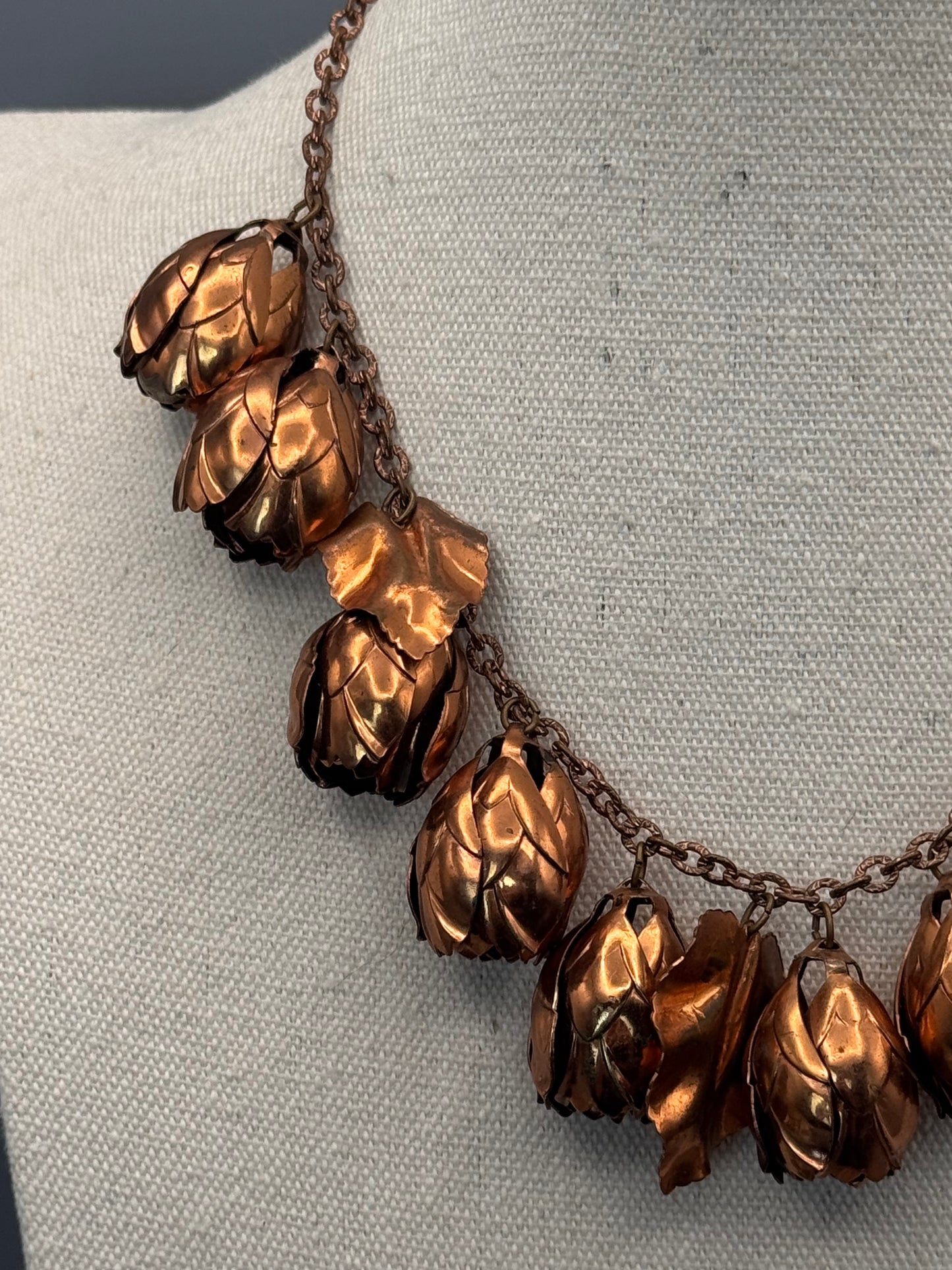 Vintage Copper Tone Floral Necklace Tulip Charm Statement 16”