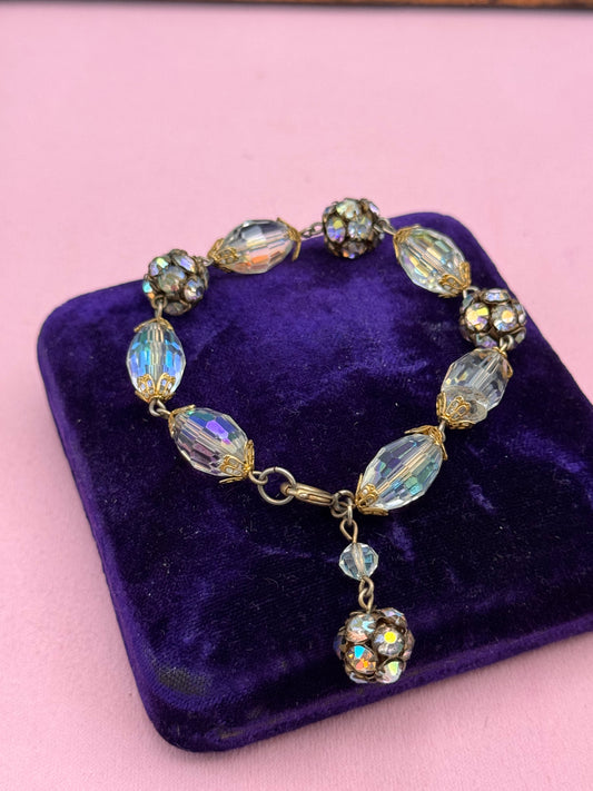 Vintage Crystal Rhinestone Bracelet Aurora Borealis Beads 6.25”