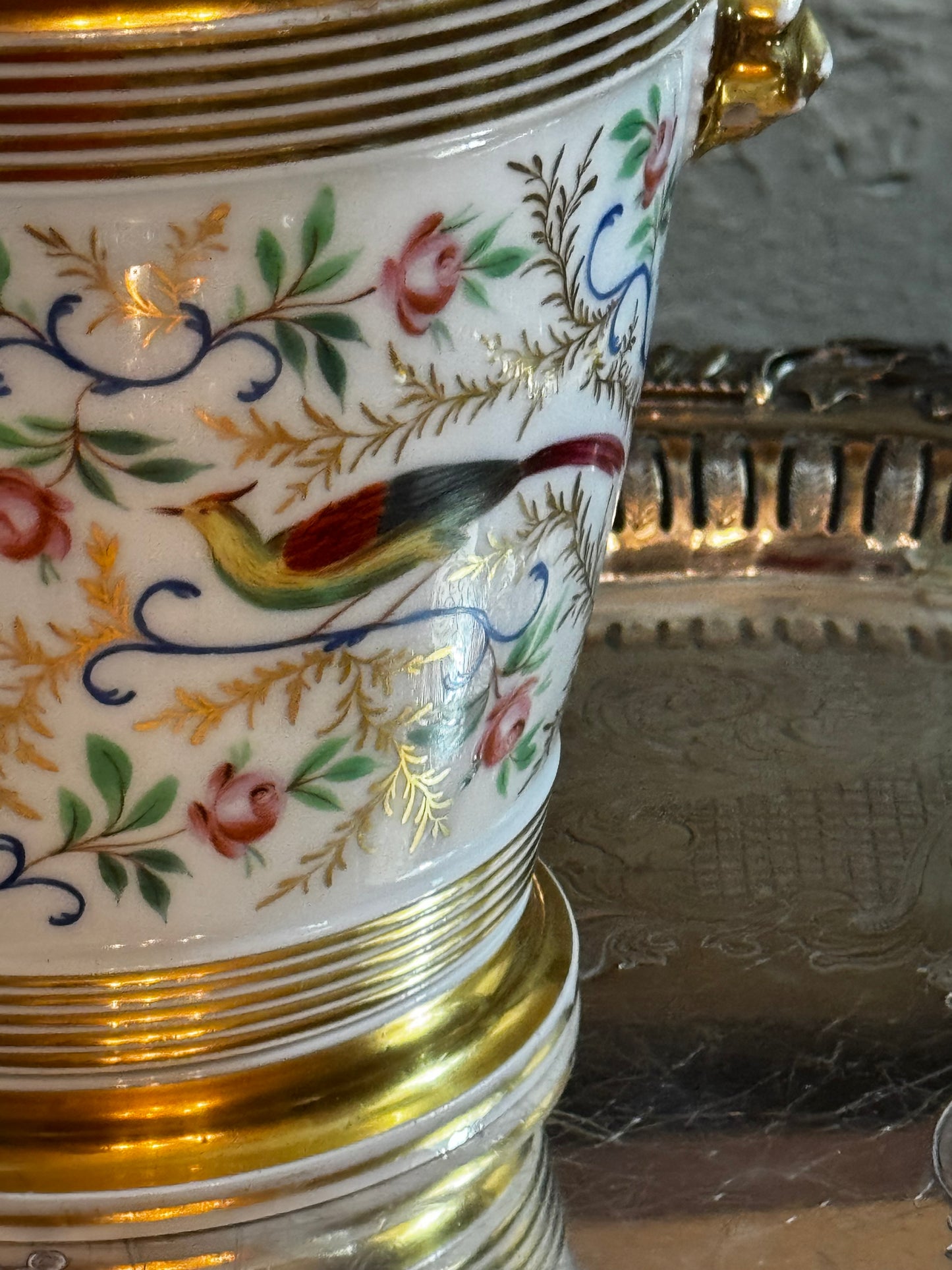 Antique Paris Porcelain Cachepot Planter Pair Hand Painted Bird Motif 19th Century