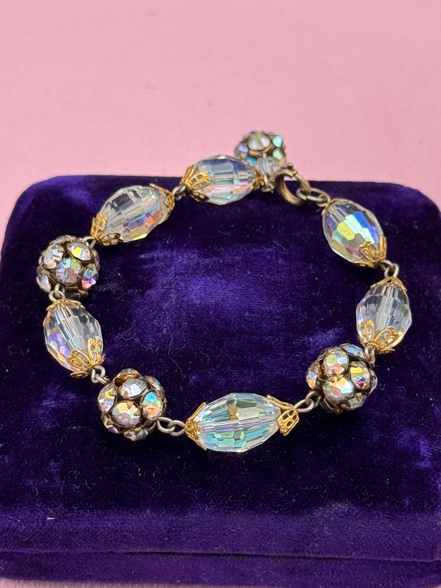 Vintage Crystal Rhinestone Bracelet Aurora Borealis Beads 6.25”
