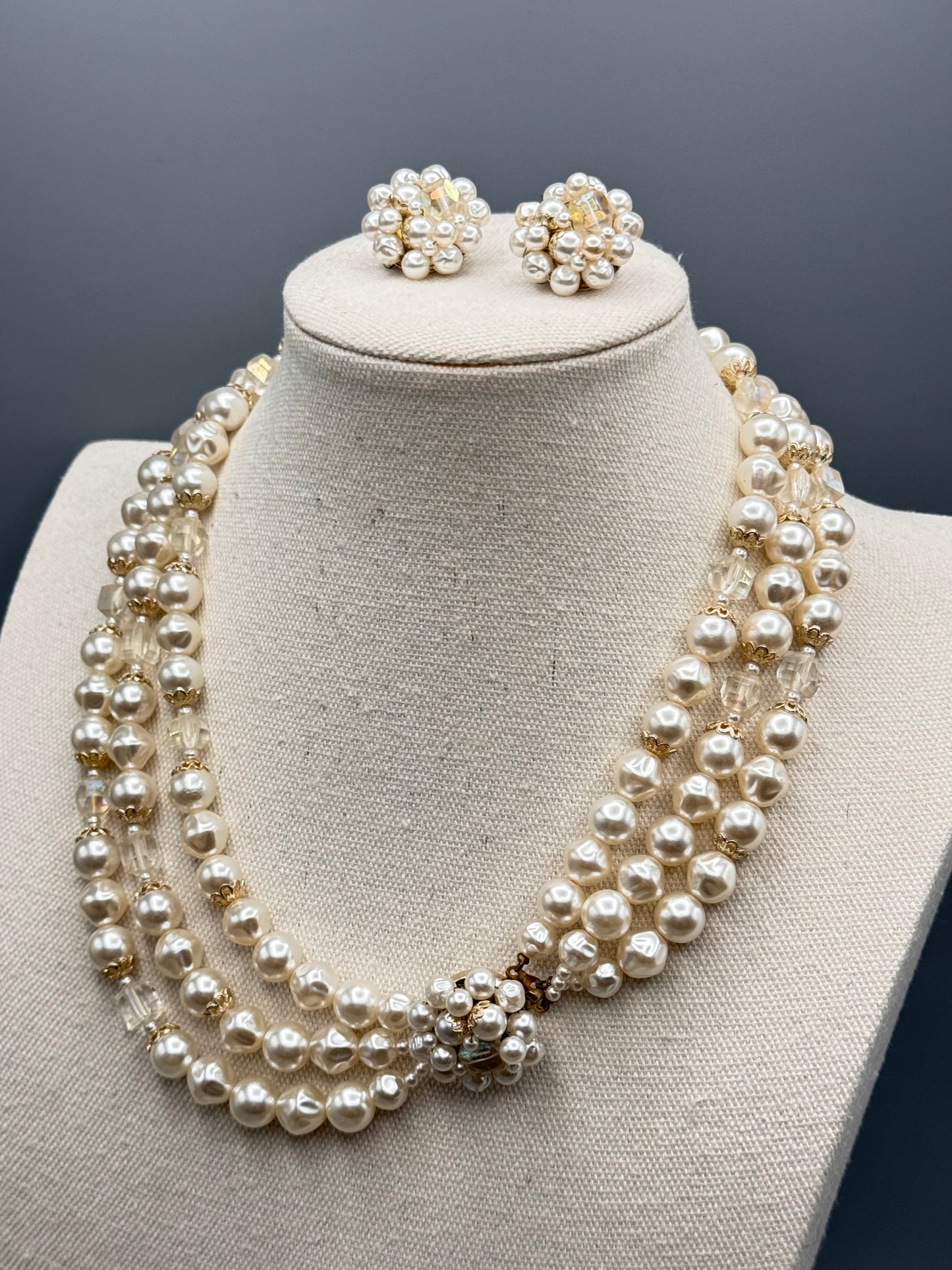 Vintage Triple Strand Faux Pearl Necklace 18” Baroque Clip On Set