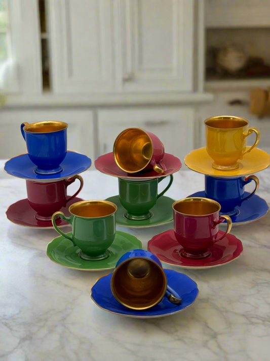 Vintage Set of 9 Gold Bold Colored Espresso Cups by Hutschenreuther Pink Royal Blue Yellow Green