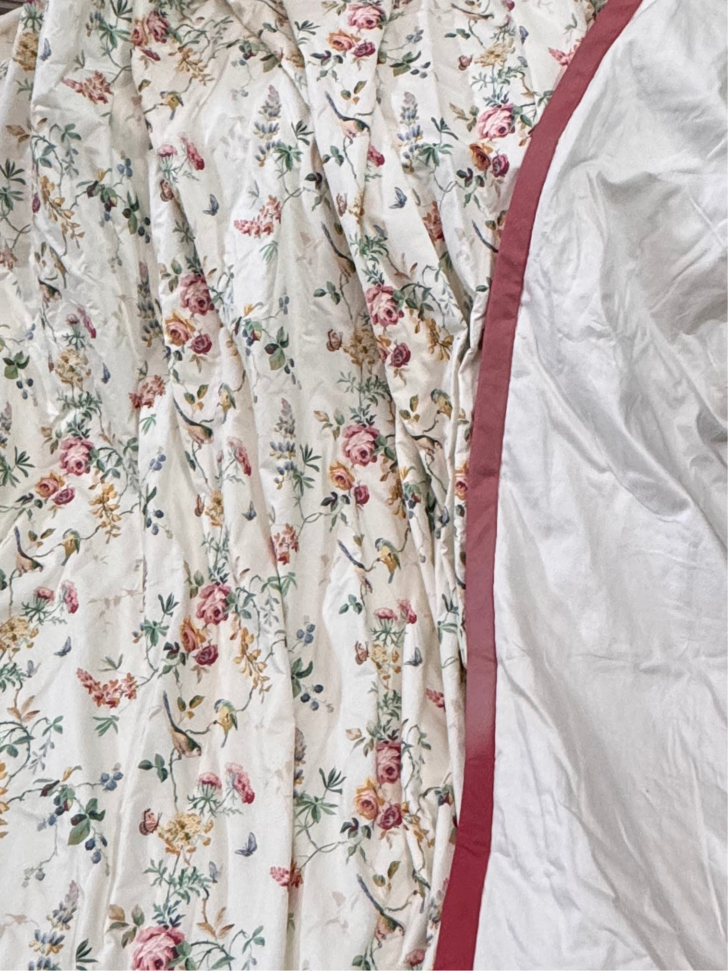 2 Vintage Schumacher Chickadee Floral Sky Drapery Panels Pair Wool Lined Weighted 90” x 60” Faded Piping