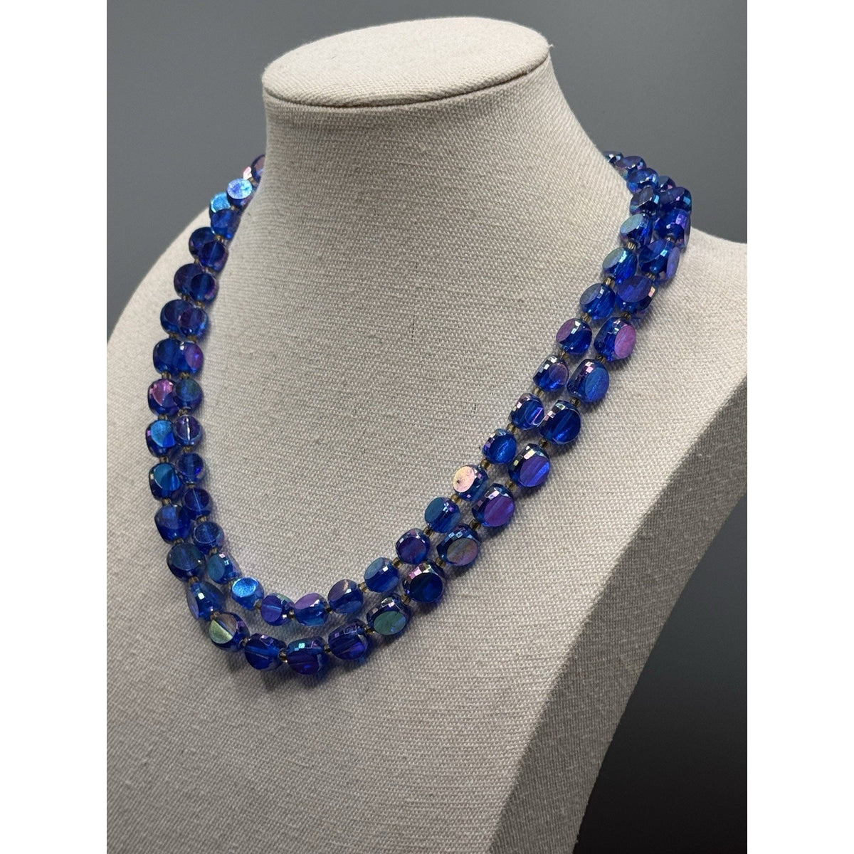 Vintage Blue Lucite AB Bead Necklace Double Strand Faceted Beads 19.5”