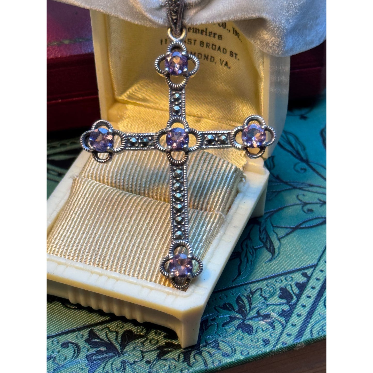 Antique Style Cross Pendant Marcasite Purple Glass Rhinestone Silver Tone 2"